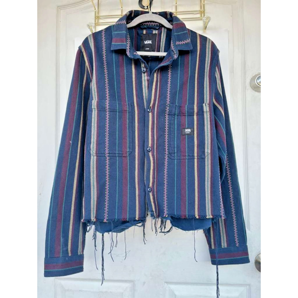Vans Cropped Striped Jacket Raw Hem Canvas Denim Feel Women’s Large Y2K - Picture 2 of 15